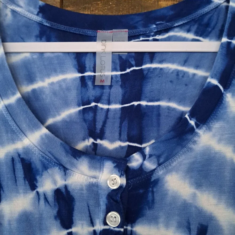Pink‎ Lotus Women's Blue Tie Dye Dress Sz M Casual Comfy Boho Beach Weekend Wear